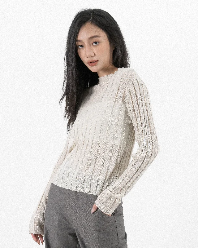 Weekend Deals That Spark Turtleneck Sheer Ribbed Knit Top (Beige)