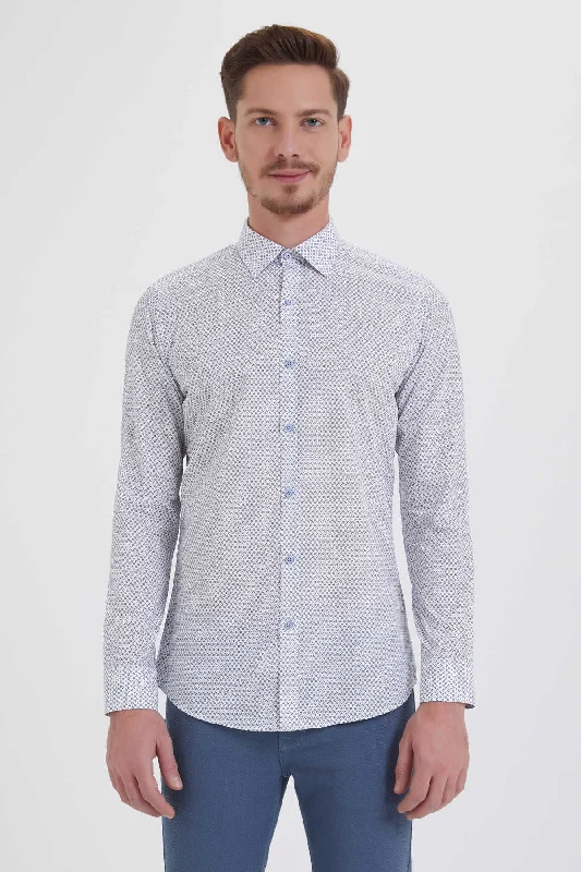 Weekend Discounts to Savor Slim Fit Long Sleeve Printed Cotton White Dress Shirt