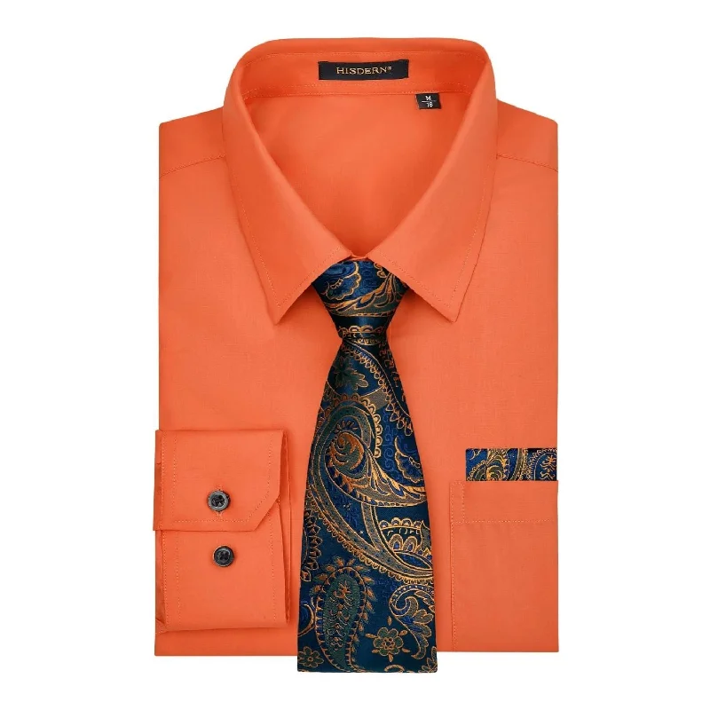 Best Bargains Men's Shirt with Tie Handkerchief Set - ORANGE/BLACK