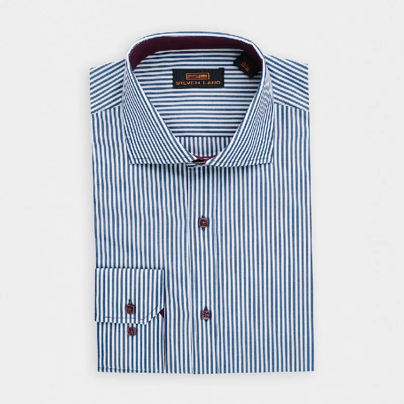 Year-End Sale The Earl Striped Dress Shirt | Barrel Cuff & Spread Collar | Navy