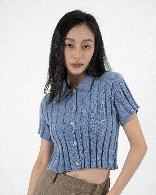 Weekend Bargains Galore Sally Eco Button Polo Knit Top (Blue)