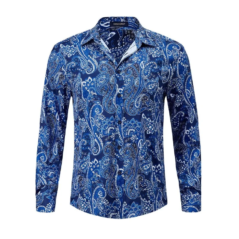 Clearance Event Men's Long Sleeve Shiny Shirt - Y-WHITE/BLUE