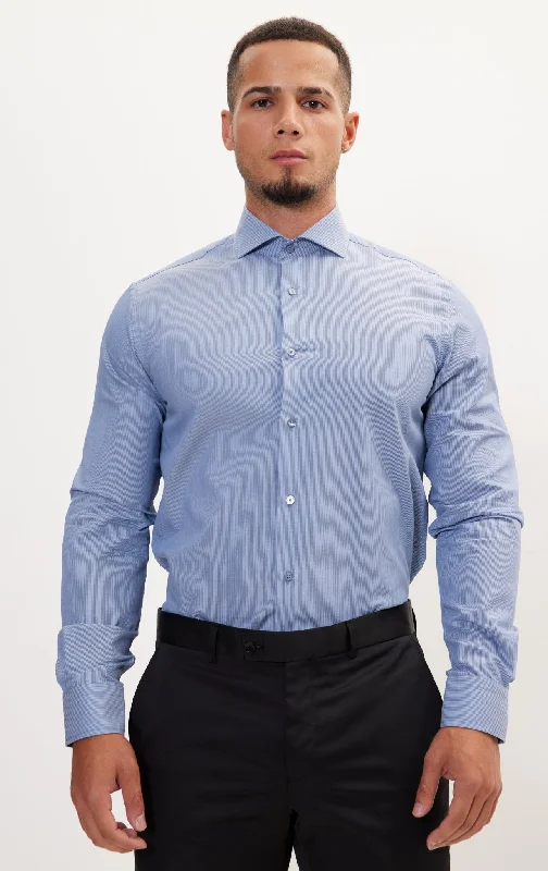 Weekend Bargains to Savor Pure Cotton French Placket Spread Collar Dress Shirt - Navy White Hairline Weekend Bargains to Savor Pure Cotton French Placket Spread Collar Dress Shirt - Navy White Hairline