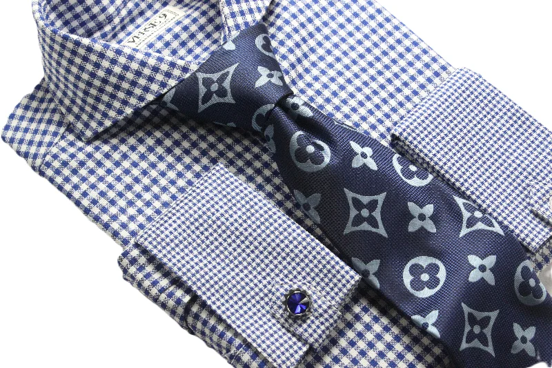 Factory Direct Sale Spread Collar | Royal Blue Check | French Cuff Shirt