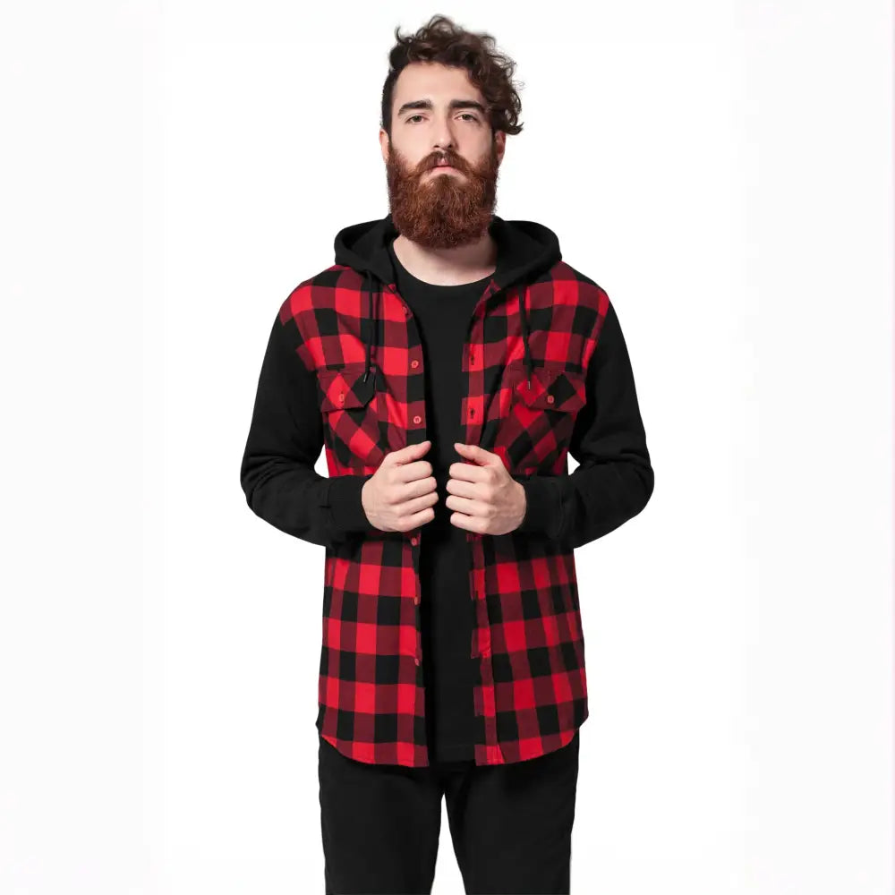 Deal Zone Hooded Checked Flanell Sweat Sleeve Shirt