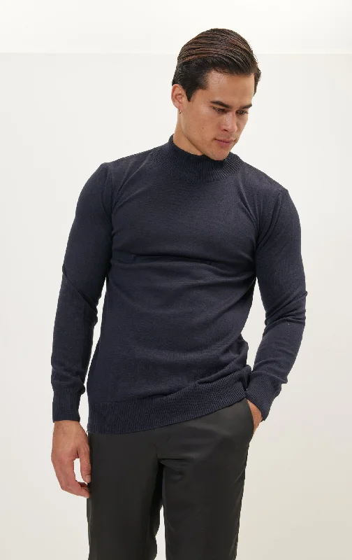 Crazy Deals Mock Neck Relaxed Sweater- Navy