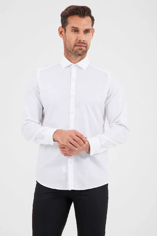 Limited Time Offer Slim Fit Plain Cotton Blend White Dress Shirt