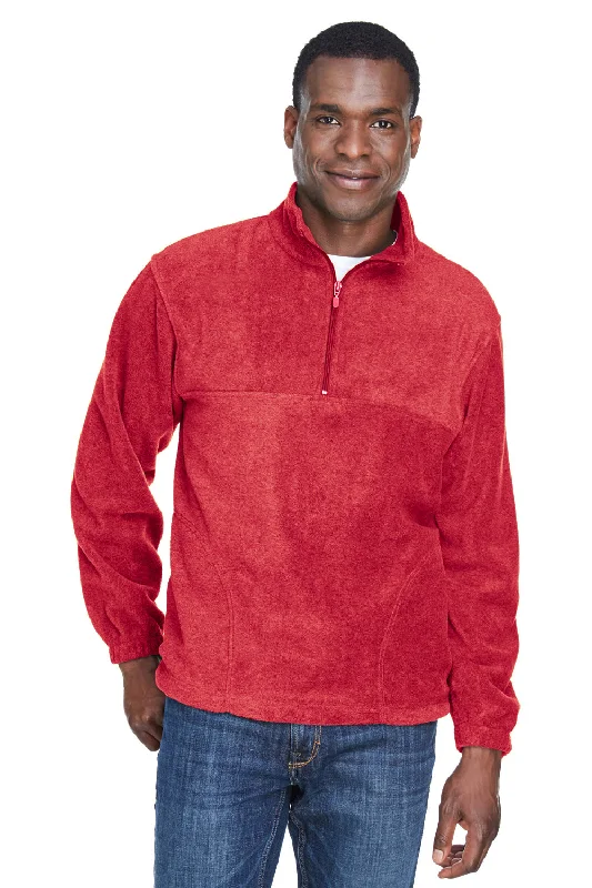 Weekend-Only Price Drops Harriton Mens Pill Resistant Fleece 1/4 Zip Sweatshirt w/ Pockets - Red