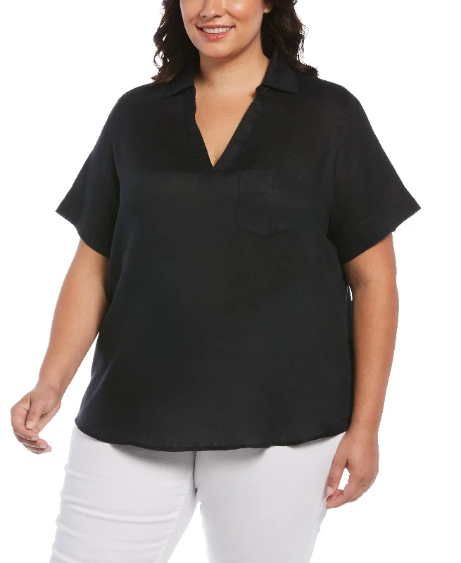 Take Action Plus Size Split Neck Linen Top