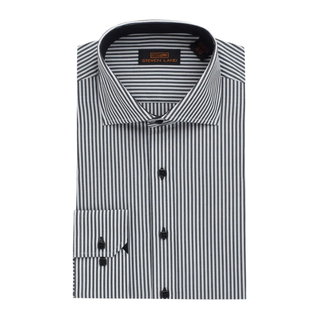 Great Bargain The "Earl" Striped Dress Shirt by Steven Land | Barrel Cuff & Spread Collar | Black Pinstripe