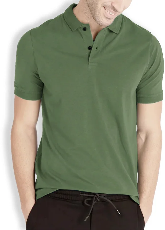 New Markdowns Men Solid Polo Neck Cotton Blend Olive Green T-Shirt