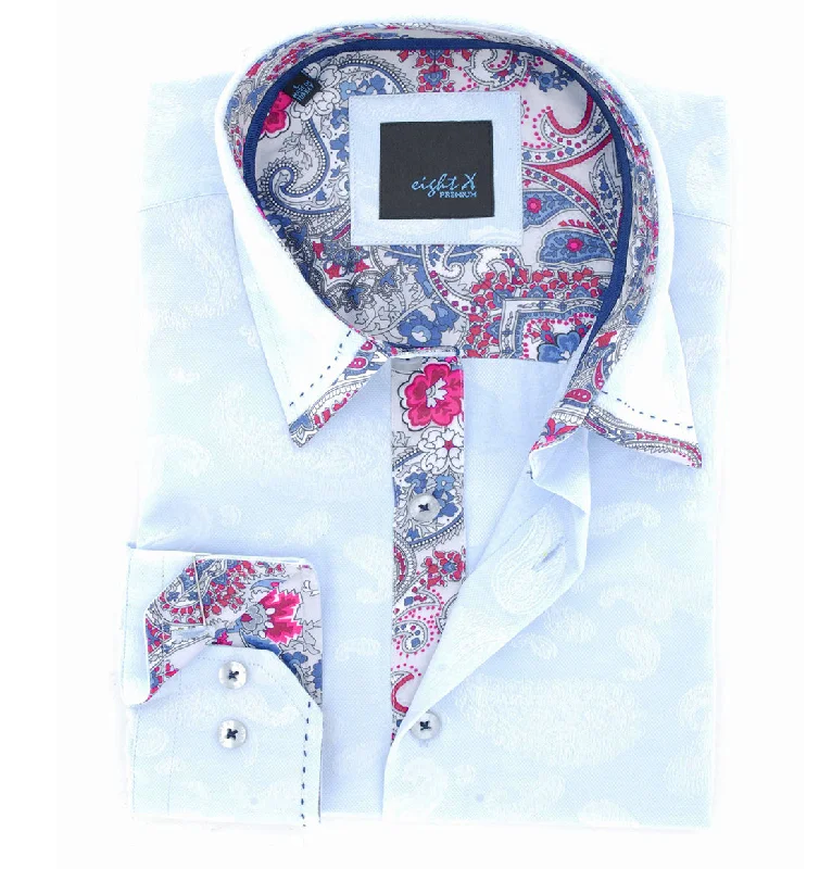 Markdowns Slim Fit Light Blue Paisley Cotton Dress Shirt