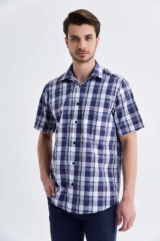 Sale Event Classic Fit Plaid Cotton Navy Dress Shirt