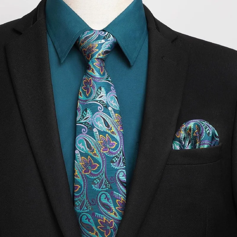 Special Discount Men's Shirt with Tie Handkerchief Set - TEAL
