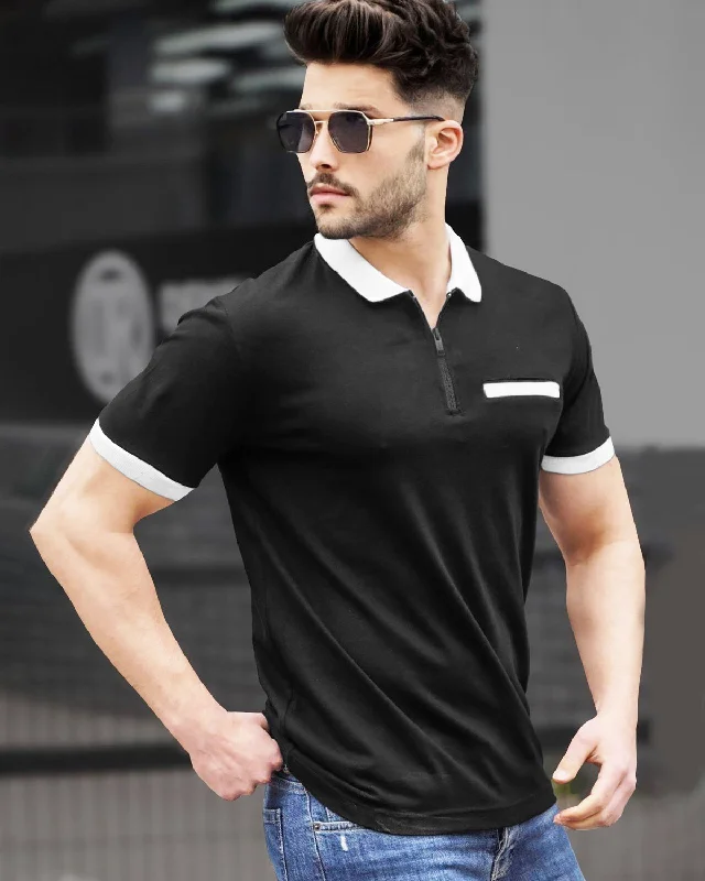 Limited Availability Men Zipper Polo Black-White Contrast T-shirt