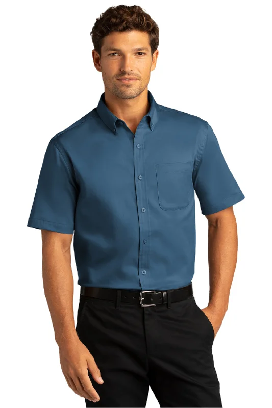 Weekend Specials to Relish Port Authority Mens SuperPro Wrinkle Resistant React Short Sleeve Button Down Shirt w/ Pocket - Regatta Blue