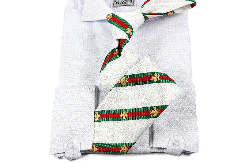 Value Deals Stripe White Spread Collar Shirt with Convertible Tap French Cuff