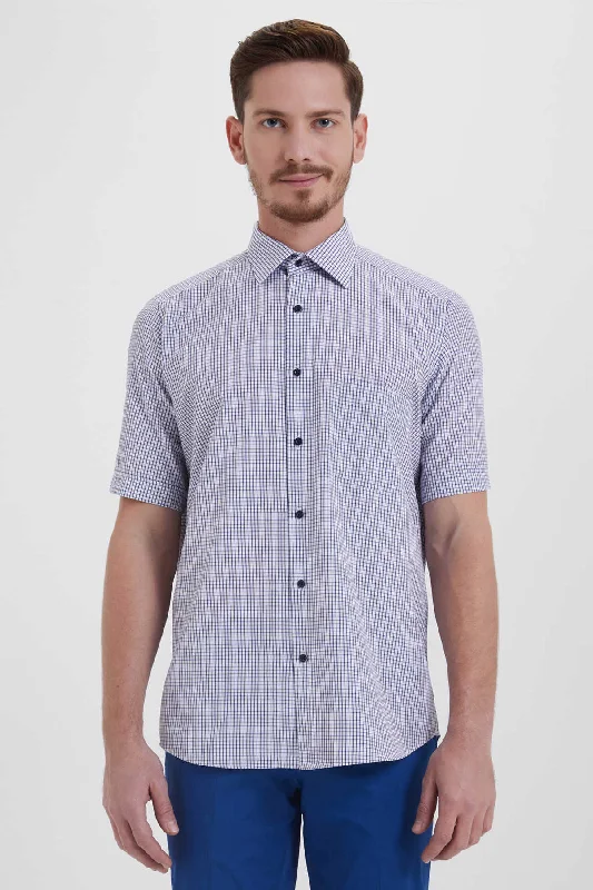 Steals and Deals Classic Fit Short Sleeve Checked Cotton Blend Dress Shirt, Navy K.