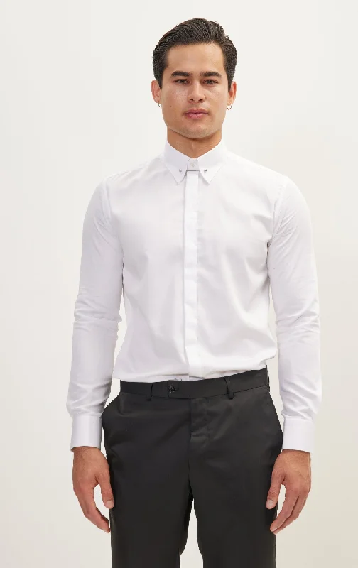 Weekend Savings Bonanza Collar Pin Hidden Placket Dress Shirt - White