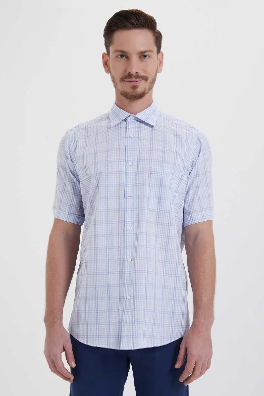 Best Bargains Regular Fit Plaid Cotton Blue Dress Shirt