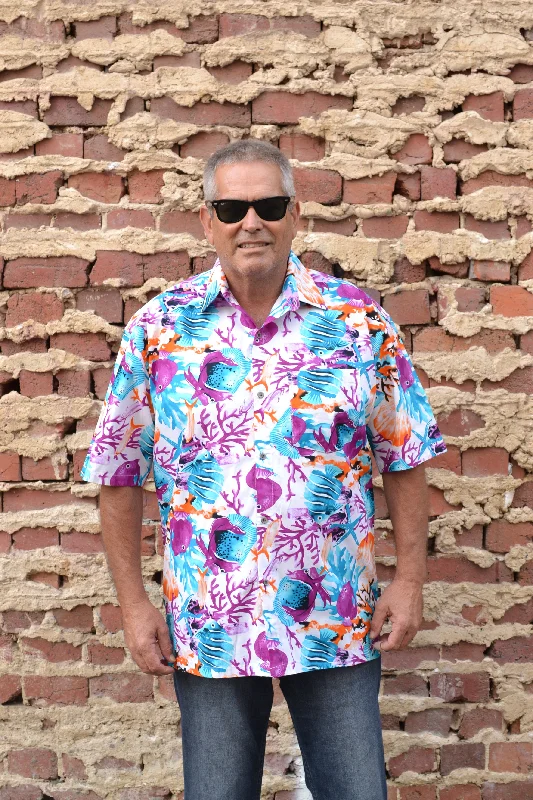 Special Savings Purple and Blue Tropical Fish and Coral Print Button Down Shirt