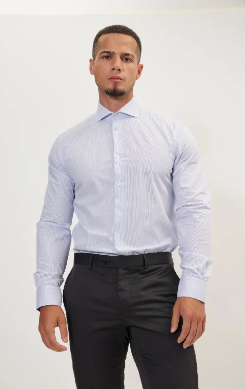 Price Slash Pure Cotton French Placket Spread Collar Dress Shirt - White Blue Striped Price Slash Pure Cotton French Placket Spread Collar Dress Shirt - White Blue Striped