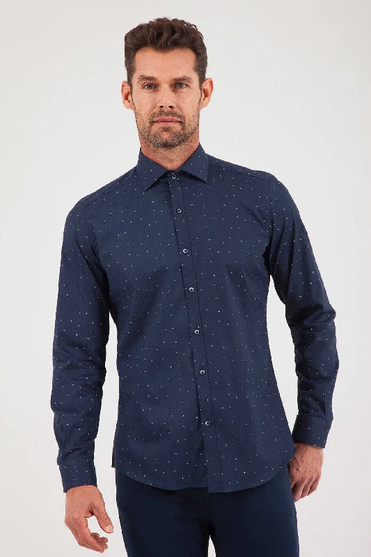 Deal Dash Slim Fit Long Sleeve Printed Cotton Blend Dress Shirt, Navy B1