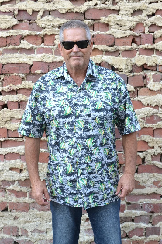 Incredible Offers Grey and Green Angelfish Print Button Down Shirt