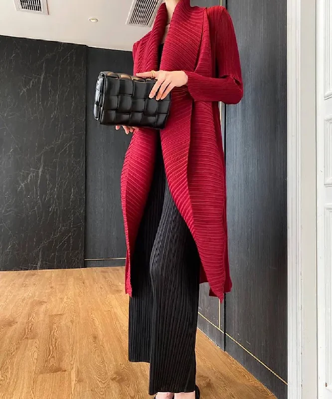 Weekend Discounts to Grab Pleated Mid Length Loose Cardigan In Burgundy