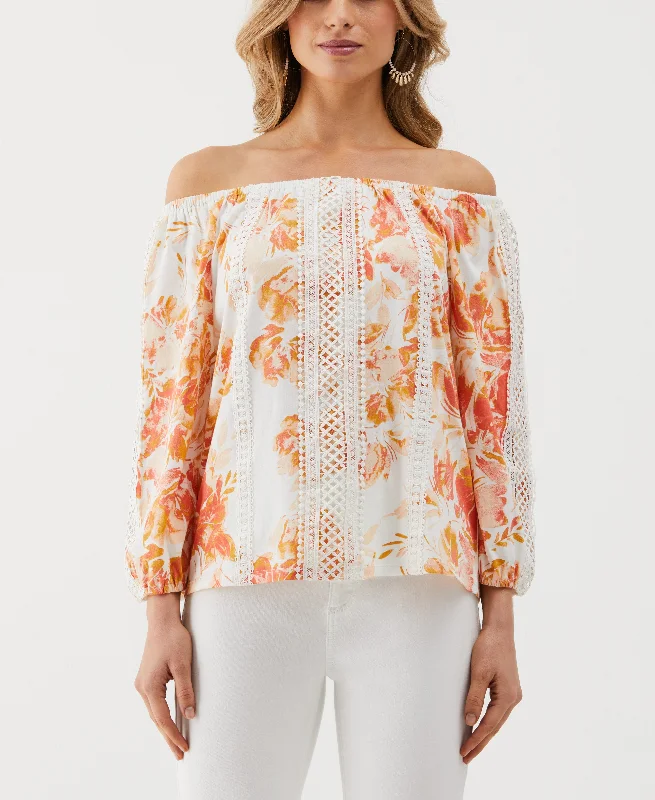 Weekend-Only Price Drops Floral Print Lace Trim Off the Shoulder Top