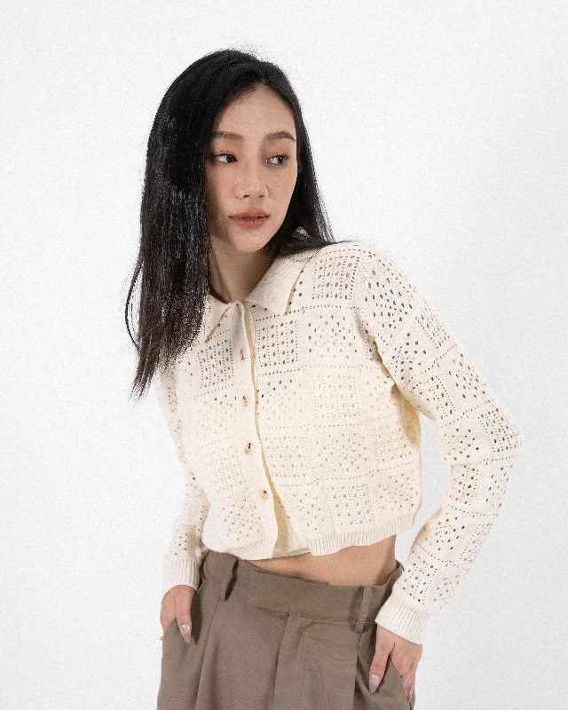 Don't Delay Eco Hole-Knit Collared Cardigan (Ivory)