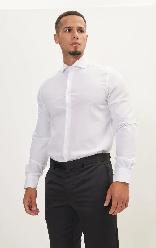 Act Now Pure Cotton French Placket Spread Collar Dress Shirt - Pique White