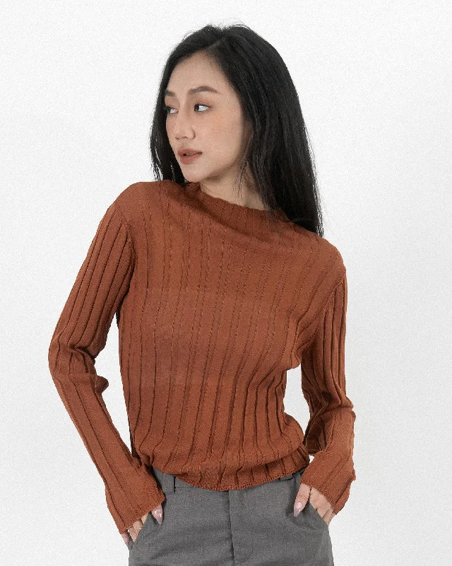 Weekend Offers That Tempt Turtleneck Sheer Ribbed Knit Top (Rust)