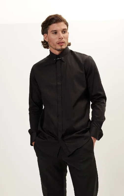 Steal Deal Collar Pin Hidden Placket Dress Shirt - Jet Black