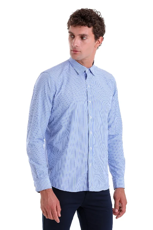 Exclusive Weekend Offers Inside Comfort Fit Striped Cotton Blend Blue Dress Shirt