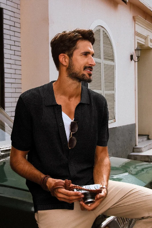 Online Only Men Hollowed-out Cardigan Short Sleeve Lapel Collar Button-up Knitwear