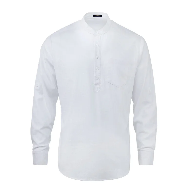 Year-End Deals Men‘s Henley Shirt  Cotton Linen with Pocket - WHITE
