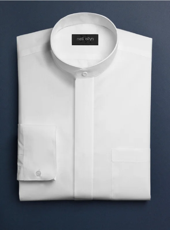 Limited Availability Mens Cotton French Front Mandarin Shirt in White