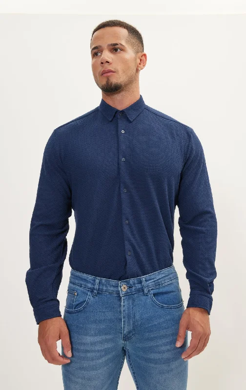 YEAR-End Sale Pure Cotton Knit Travel Shirt - Waffle Jacquard Navy