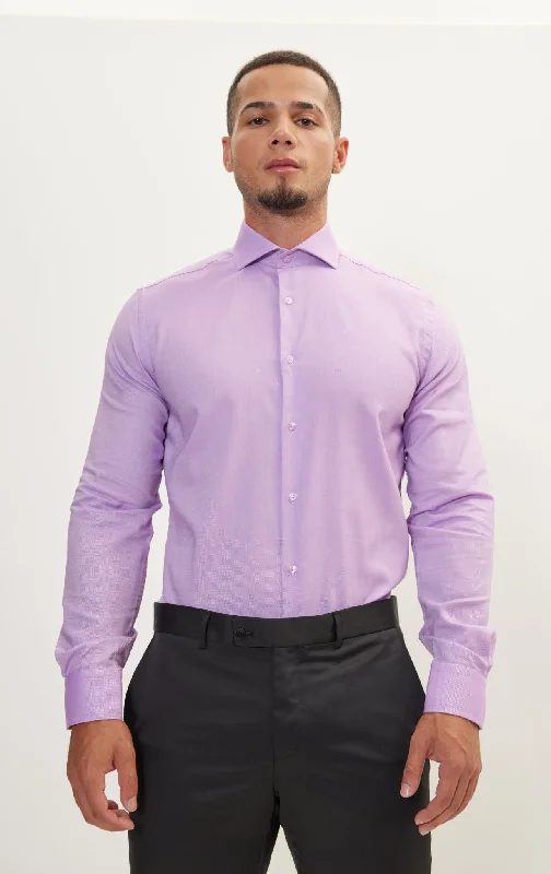 Closeout Sale Pure Cotton French Placket Spread Collar Dress Shirt - White Purple