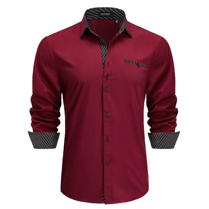 Bonus Savings Men's Patchwork Dress Shirt with Pocket - A-03 BURGUNDY/BLACK