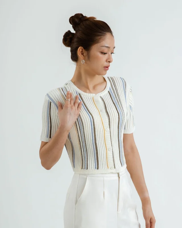 Weekend Offers That Dazzle Eco Two Way Button Down Stripes Knit Top (White)