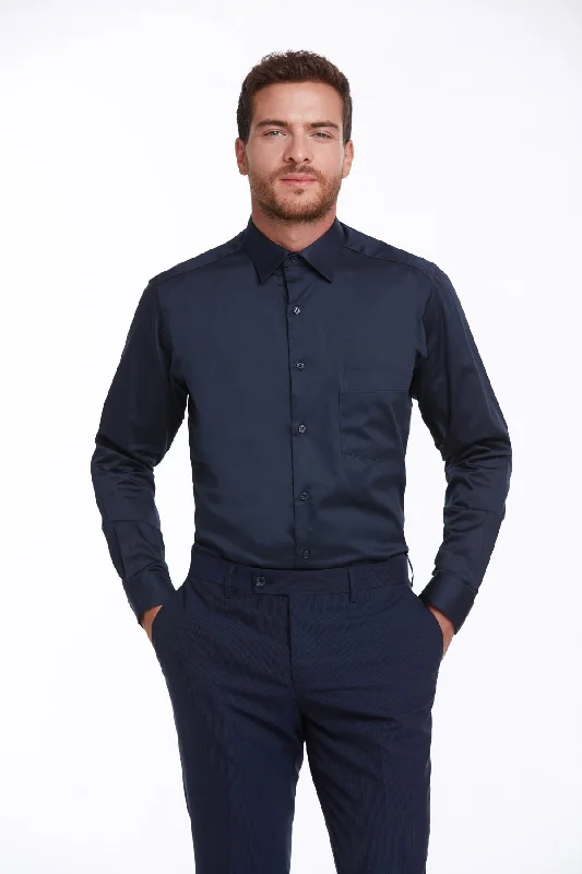 Overstock Sale Comfort Fit Long Sleeve Plain Cotton Dress Shirt, Navy