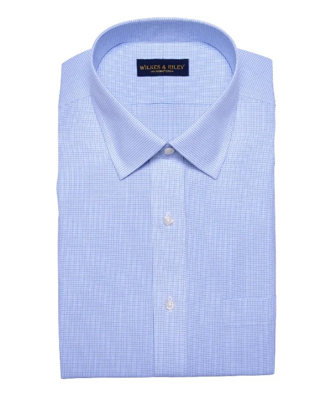 Hurry In Slim Fit Blue Mini Check Spread Collar Supima® Cotton Non-Iron Broadcloth Dress Shirt Hurry In Slim Fit Blue Mini Check Spread Collar Supima® Cotton Non-Iron Broadcloth Dress Shirt