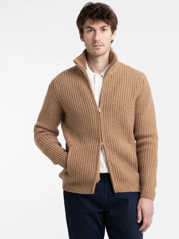 Major Savings Camel Brown 5-Ply Cashmere Full Zip Knit
