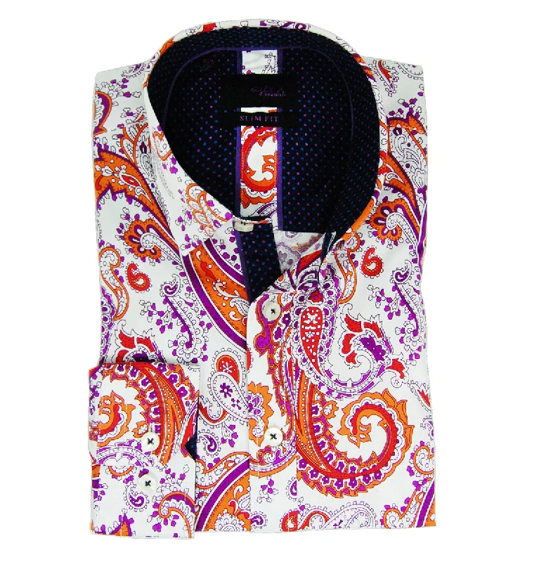 Final Clearance Slim Fit Paisley Cotton Shirt in Purple, Blue and Orange