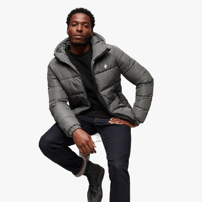 Midnight Sale Superdry Mens Hooded Sports Puffer Jacket Dark Slate Grey
