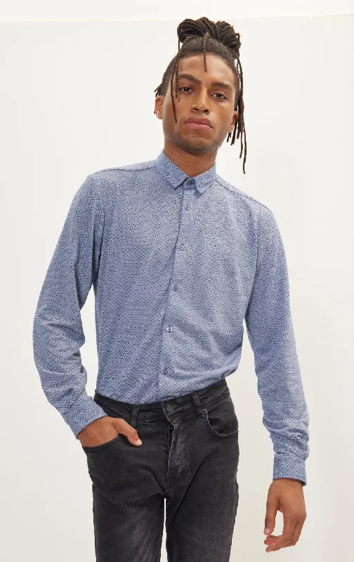 Weekend Flash Sale Pure Cotton Knit Travel Shirt - Navy White Jacquard