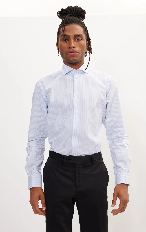YEAR-End Clearance Pure Cotton French Placket Spread Collar Dress Shirt - White Blue Bengal Stripes YEAR-End Clearance Pure Cotton French Placket Spread Collar Dress Shirt - White Blue Bengal Stripes