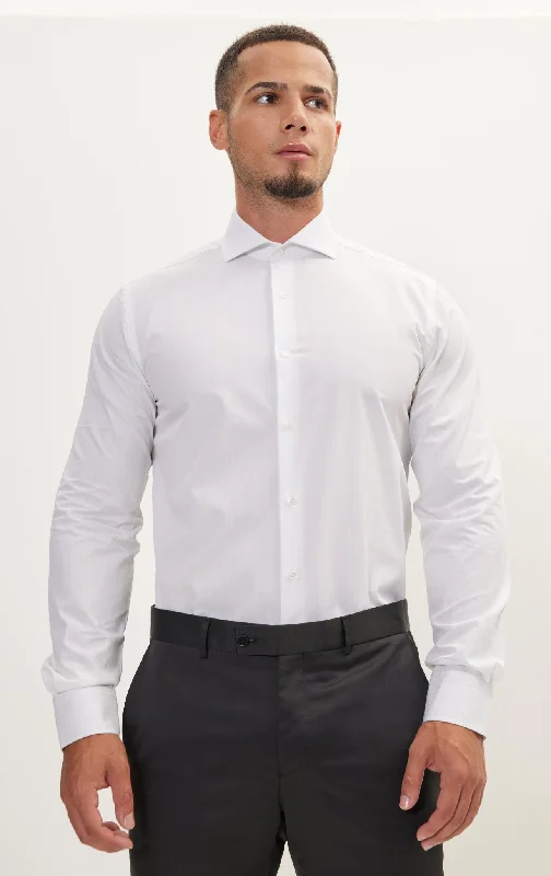 Huge Discounts Pure Cotton French Placket Spread Collar Dress Shirt - White Light Bengal